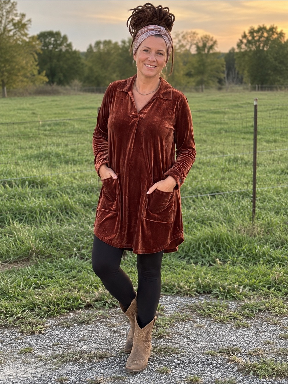 Velvet Long Sleeve Tunic Top in Rust